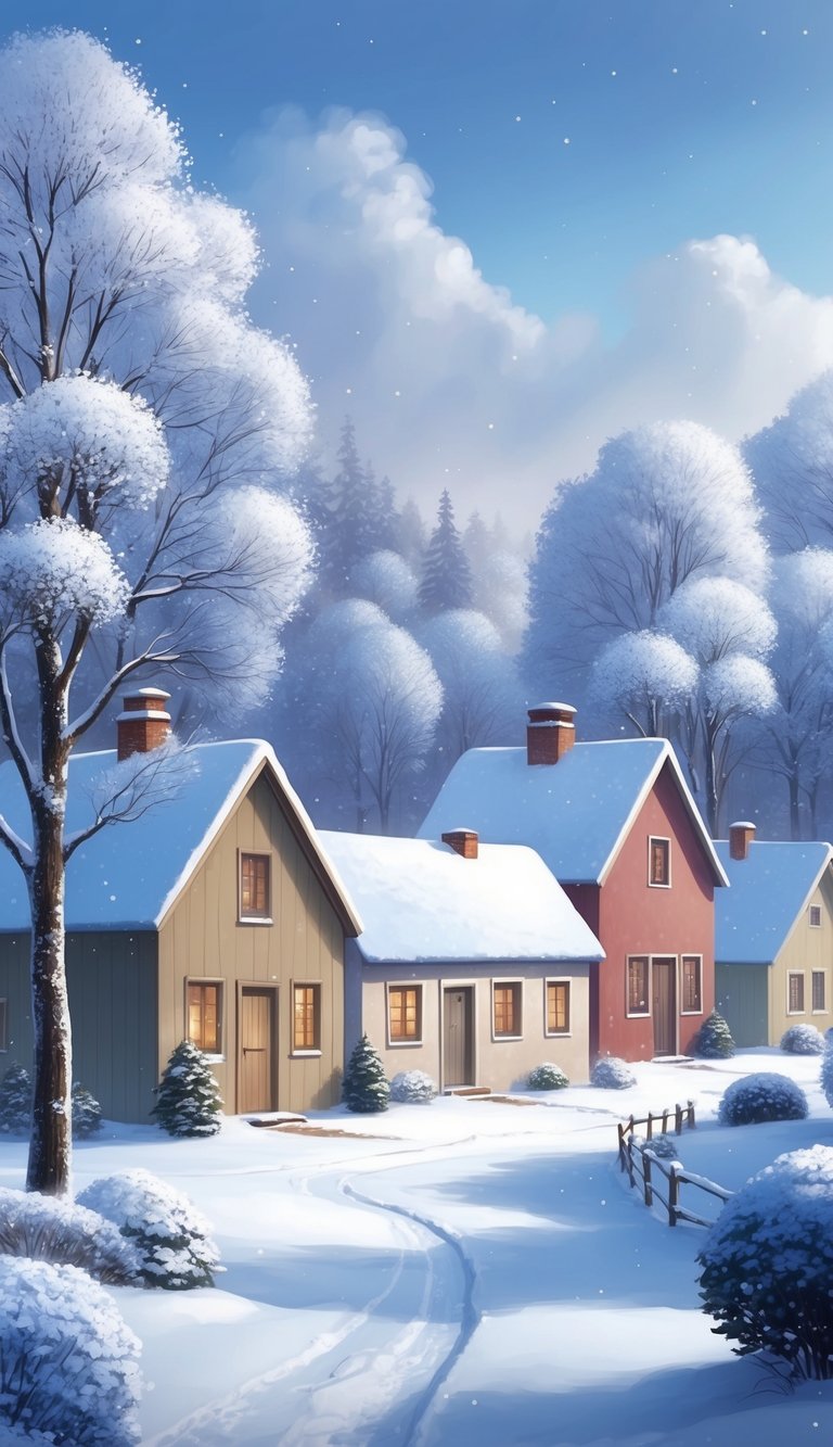 A serene snowy village with simple houses, snow-covered trees, and a peaceful atmosphere