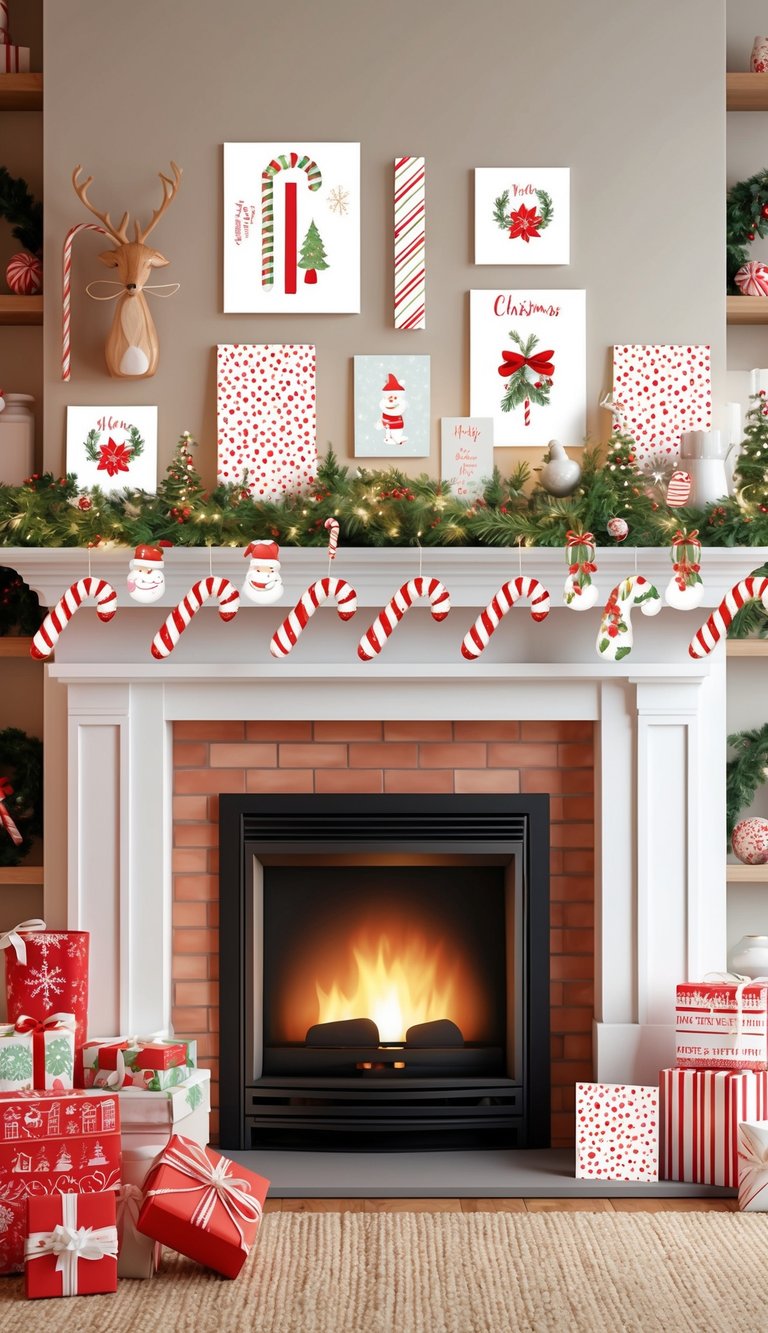 A cozy fireplace with a mantle adorned with cute candy cane patterns and Christmas cards