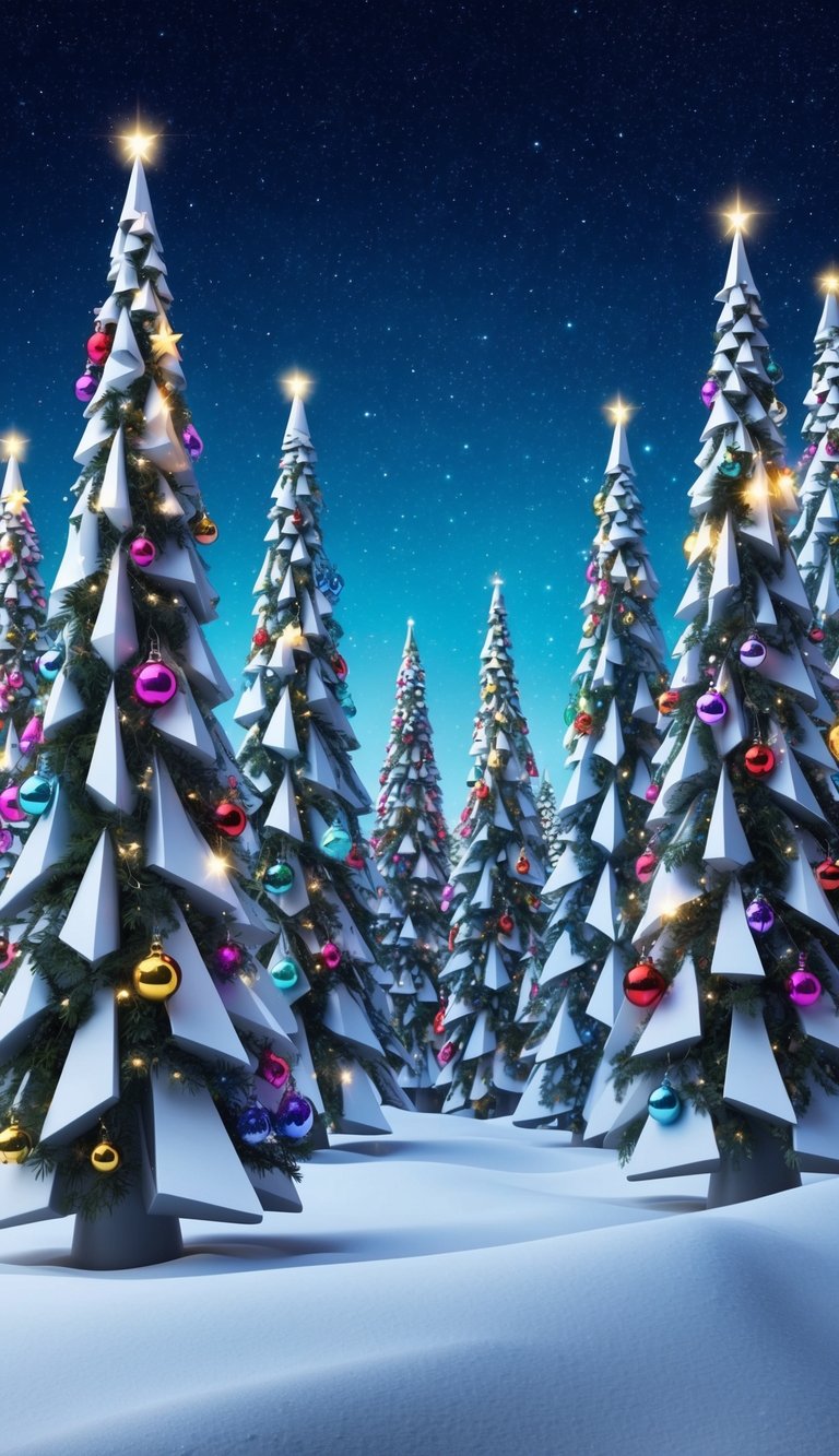 A snowy forest with modern geometric trees, adorned with colorful ornaments and twinkling lights under a starry night sky