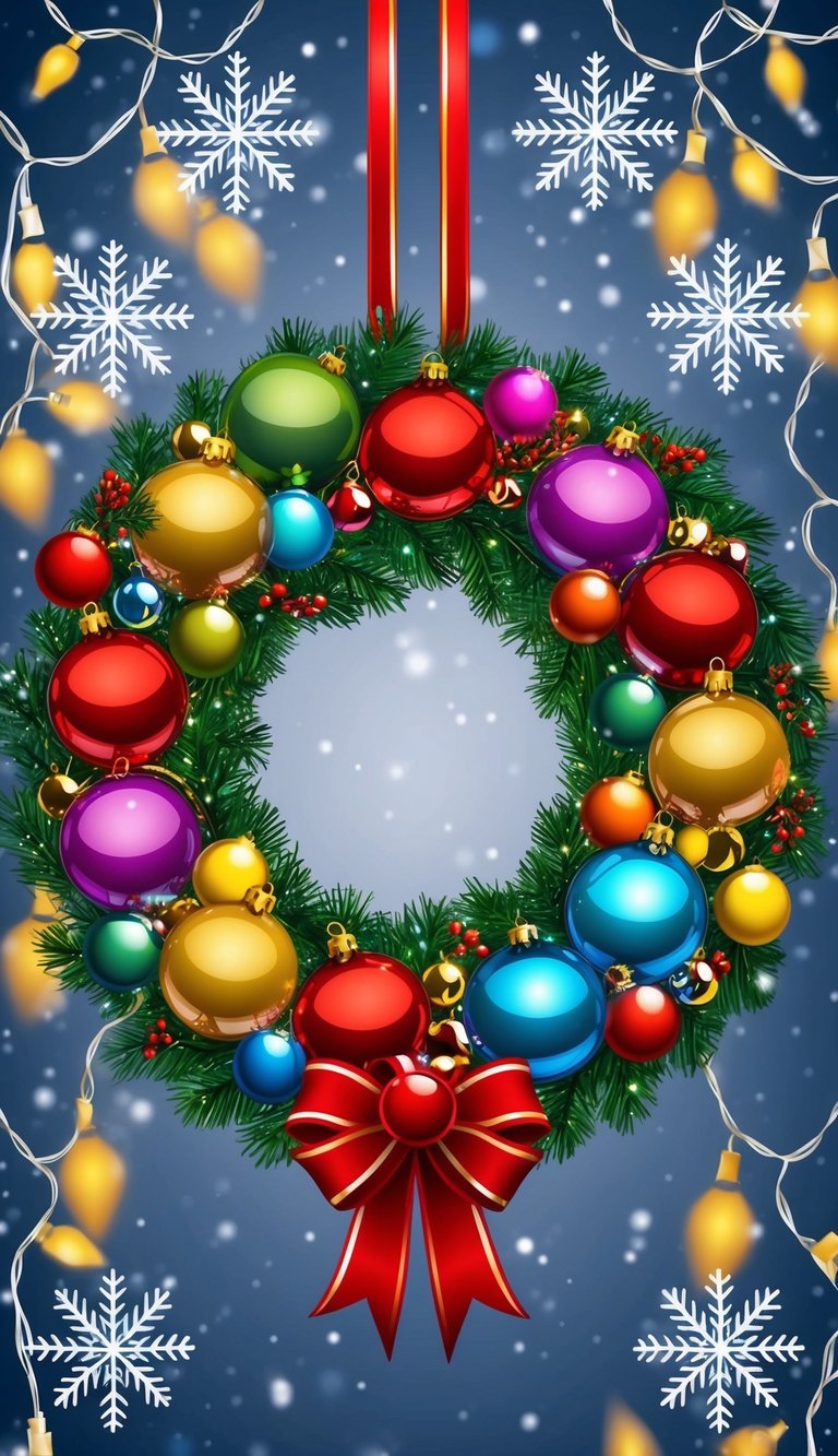 A festive wreath with colorful ornaments and ribbons, surrounded by twinkling lights and snowflakes