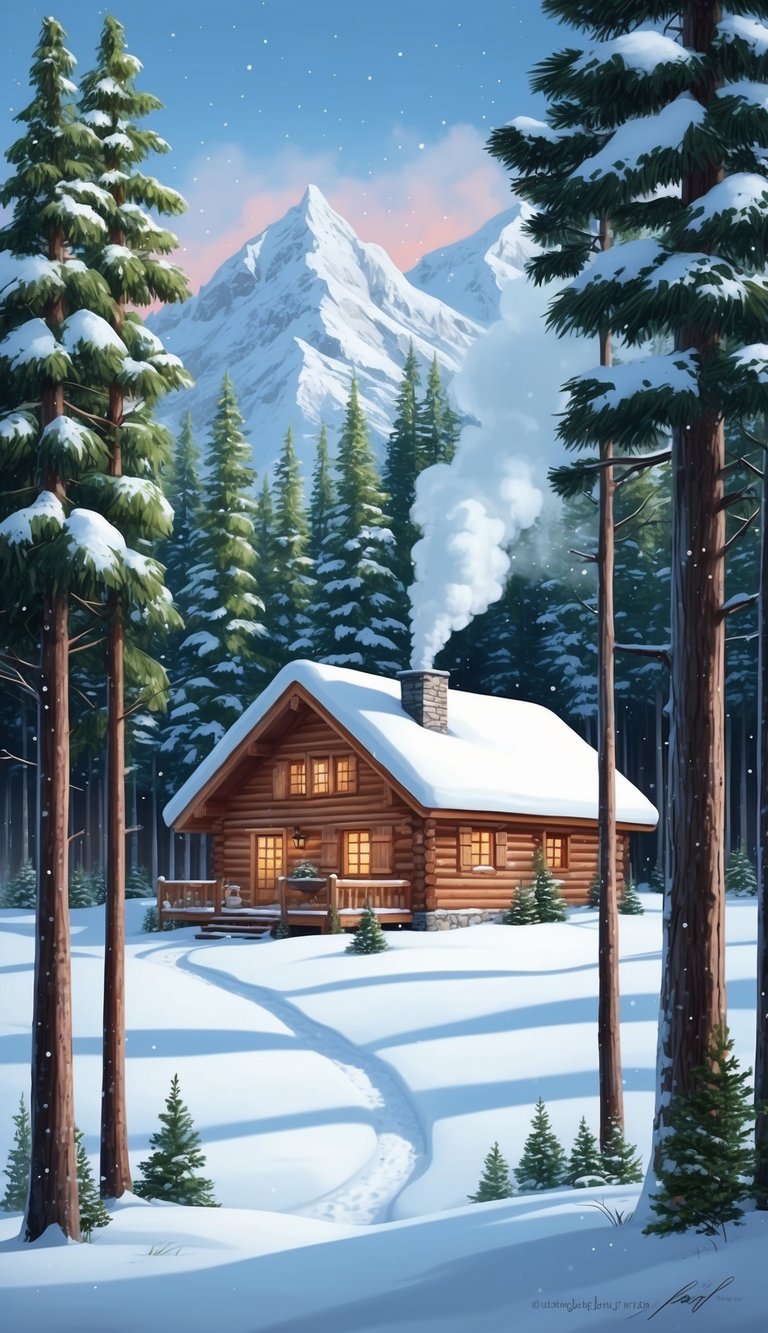 A snowy forest with a cozy cabin, smoke rising from the chimney, surrounded by pine trees and a blanket of snow