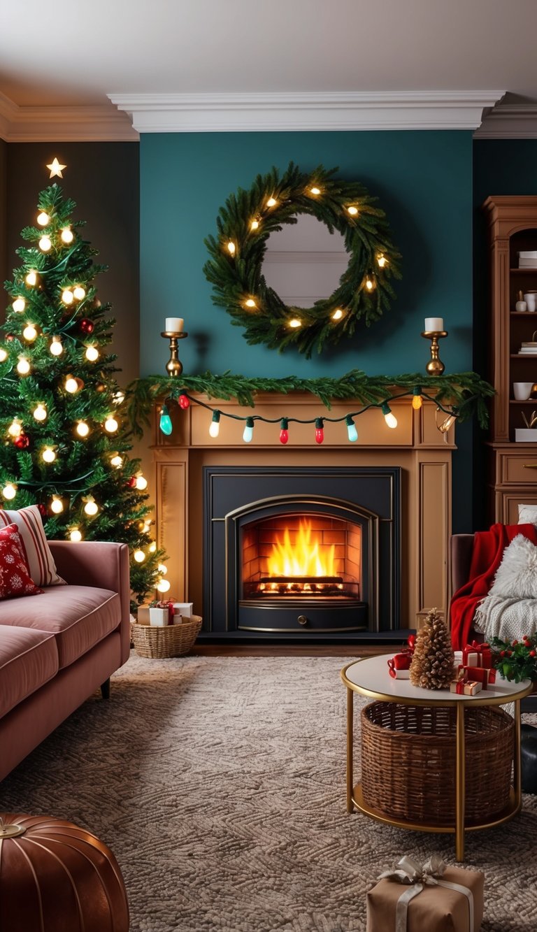 A cozy living room with a crackling fireplace, adorned with vintage Christmas lights and a festive tree