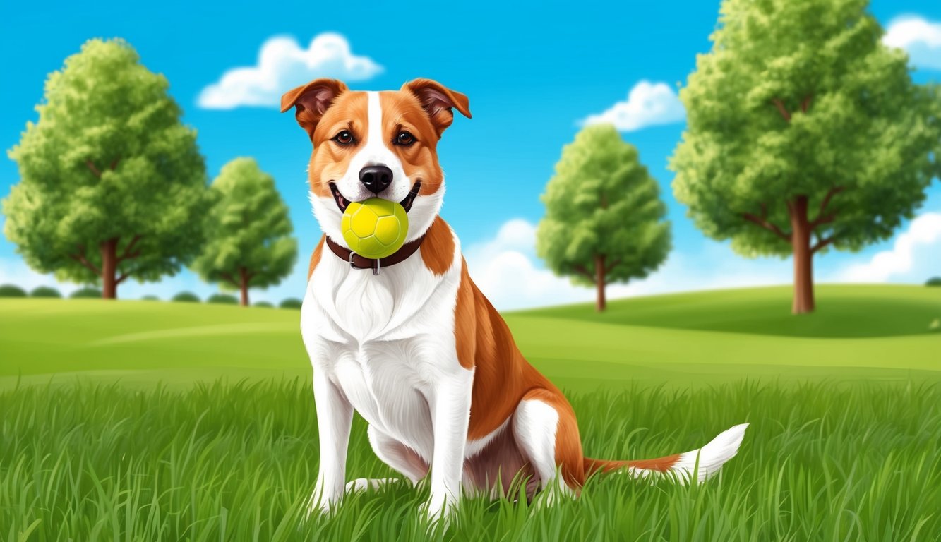 A happy dog sitting on a grassy field with a ball in its mouth, surrounded by trees and a bright blue sky as a demo for how to draw a dog in procreate