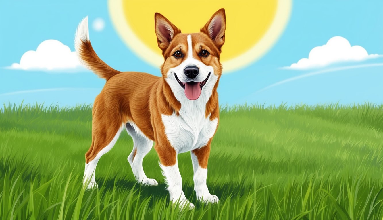 A playful dog with perked ears and wagging tail, standing on a grassy field under a bright, sunny sky