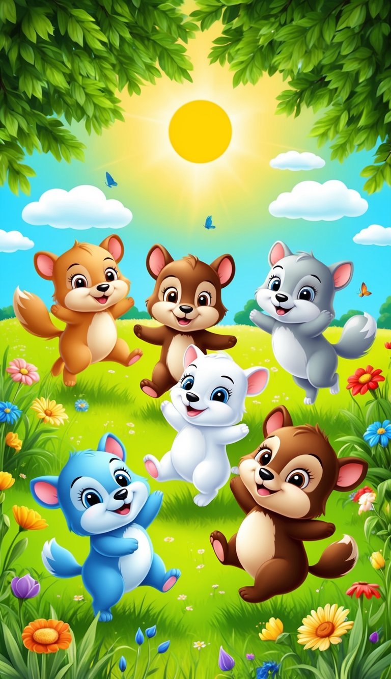 A group of adorable animals playing in a lush, colorful meadow under a bright, sunny sky one of several cute animal drawings