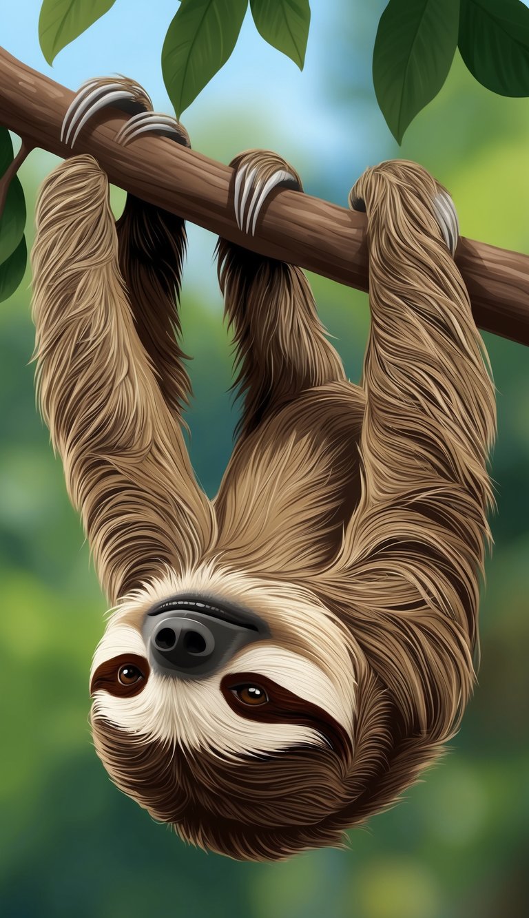 A sloth hanging upside down from a tree branch, eyes half-closed, with a peaceful and content expression on its face