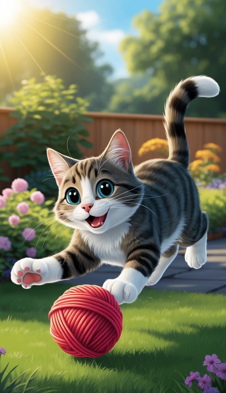 A playful cartoon cat chasing a ball of yarn in a sunlit garden