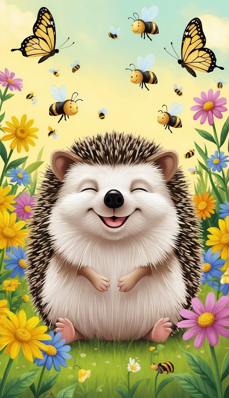 A happy hedgehog sits in a field of colorful flowers, smiling with its eyes closed and surrounded by buzzing bees and fluttering butterflies