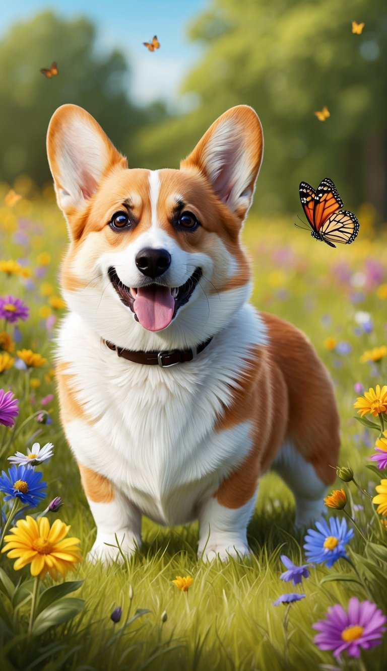 A corgi happily wagging its tail, surrounded by colorful flowers and butterflies in a sunny meadow