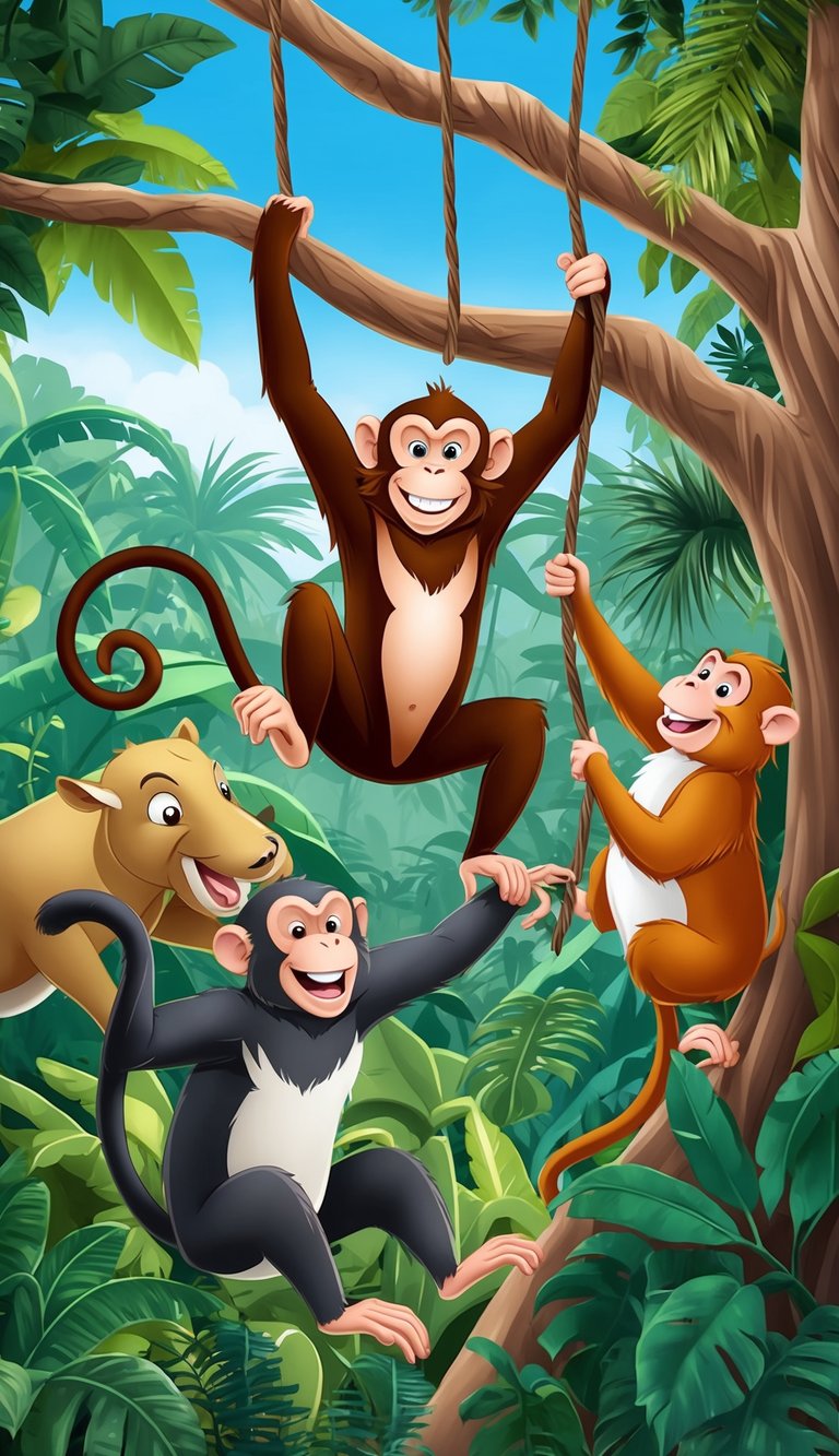 A mischievous monkey swinging from tree branches, playfully teasing other animals in a lush jungle setting