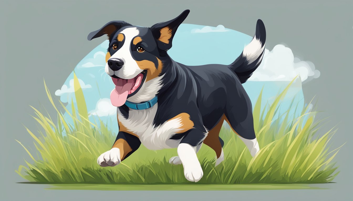A happy dog sitting on a grassy field, with its tongue out and tail wagging, looking at the viewer with bright eyes