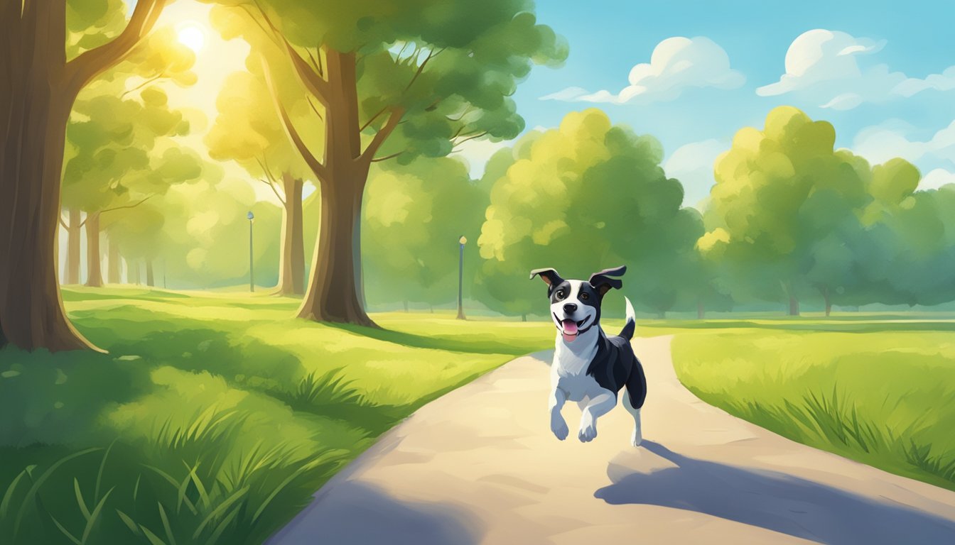 A sunny park with green grass, trees, and a blue sky. A happy dog is running and playing with a ball