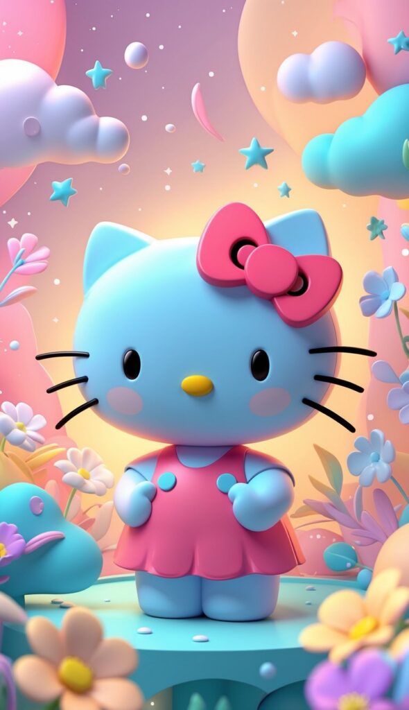 A 3D rendered Hello Kitty character in soft blue with a pink bow, standing in a whimsical fantasy landscape with pastel clouds, floating stars, gradient sky, and delicate flowers in pink and blue tones.