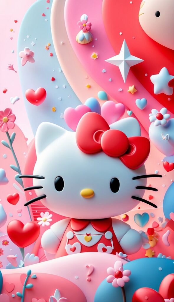 Hello Kitty with a red bow surrounded by colorful stars, hearts, and flowers on a pastel background.