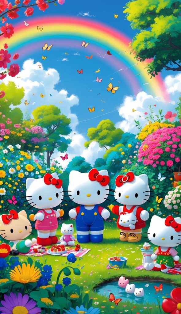 Hello Kitty and her friends enjoying a colorful garden with flowers, butterflies, a rainbow, and a picnic.