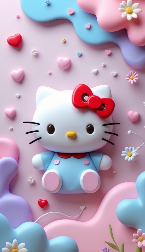 Hello Kitty with a red bow surrounded by stars, hearts, and flowers on a pastel-colored background.