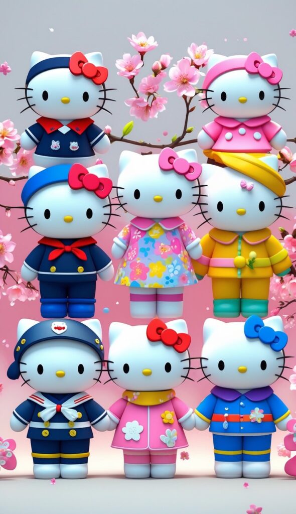 Multiple Hello Kitty characters dressed in different themed outfits including sailor, floral, rainbow, and winter, arranged together with matching backgrounds.