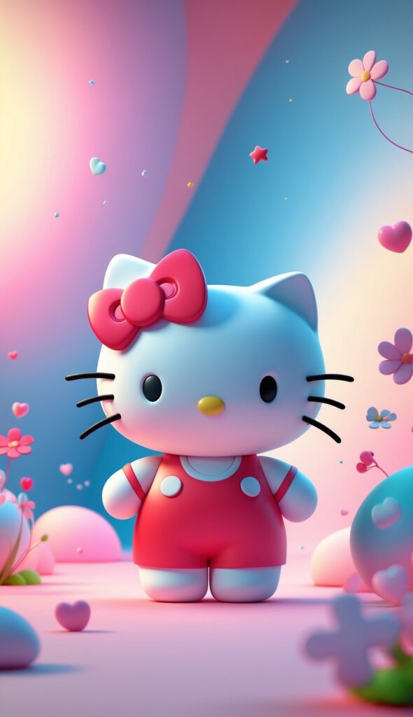 Hello Kitty standing in a colorful, cheerful background with flowers, stars, and hearts around her.