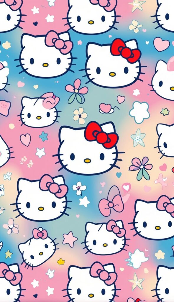 A seamless pattern of cute Hello Kitty faces with bows surrounded by stars, hearts, and flowers on a soft pastel background.