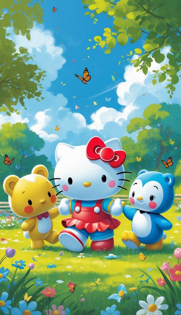Hello Kitty and her friends playing together happily in a sunny park with flowers and trees.