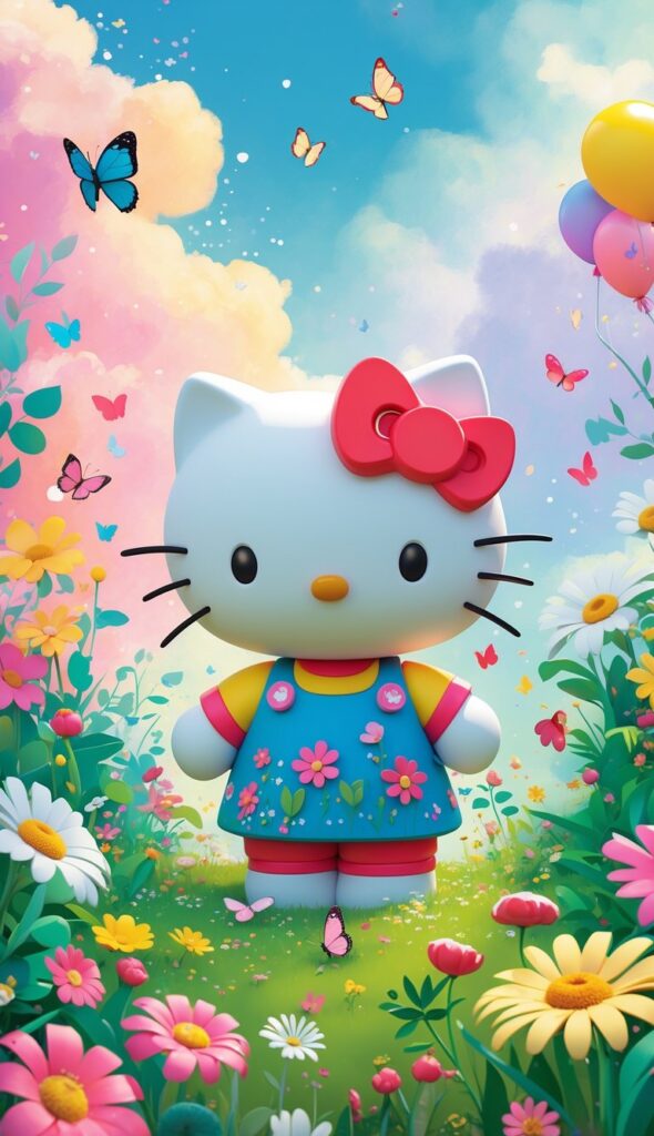 Hello Kitty standing in a garden surrounded by flowers and butterflies under a pastel sky, one of our many Hello Kitty Wallpaper ideas.