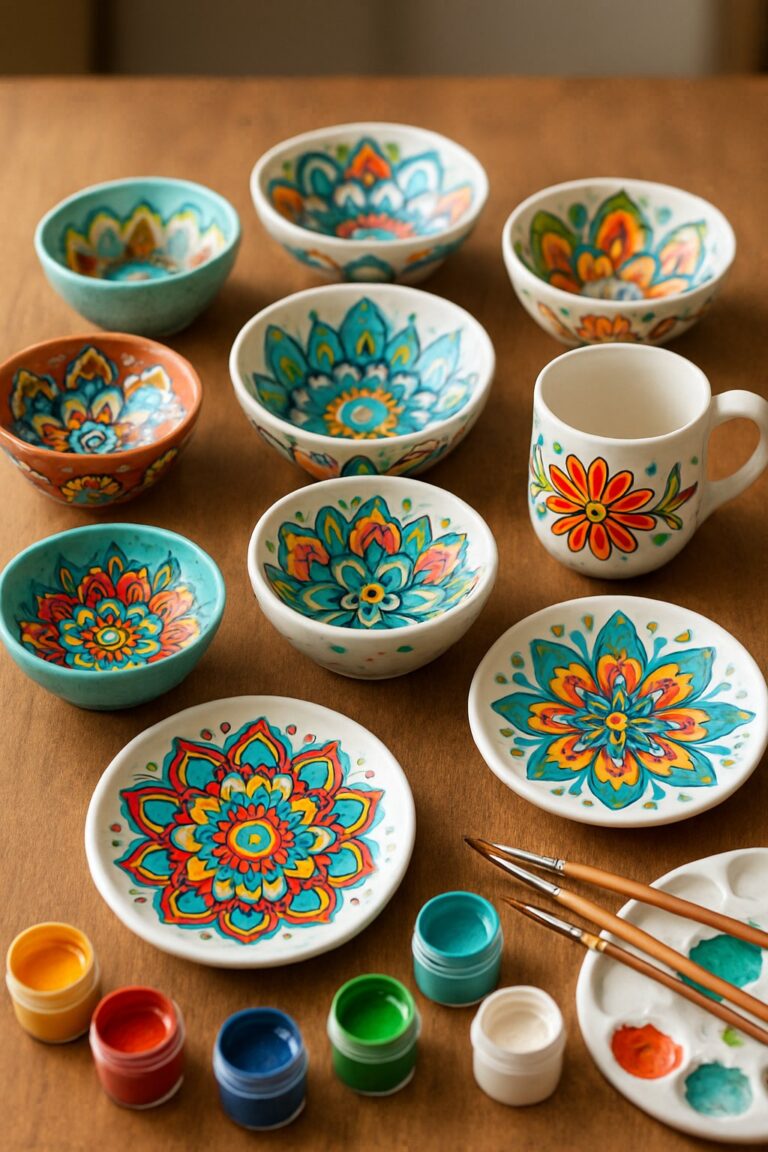 Pottery painting ideas using warm orange, red, blue, and yellow tones for a bold, traditional style.