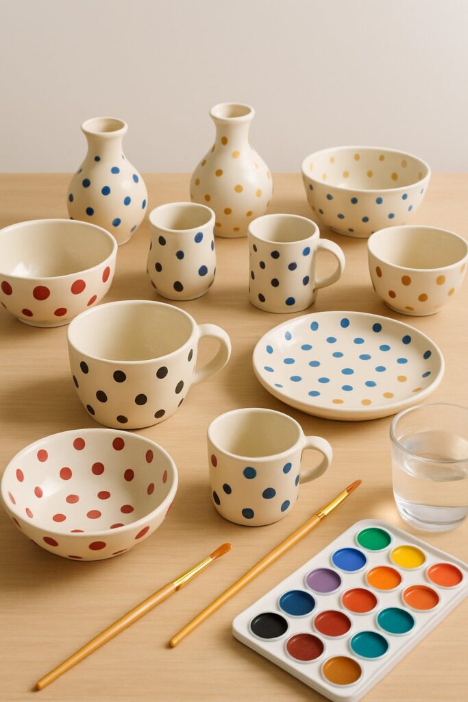 Pottery painting ideas featuring bright flowers, polka dots, and abstract designs on chunky ceramic rings.